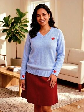 Classic V-Neck Heart Accent Sweater